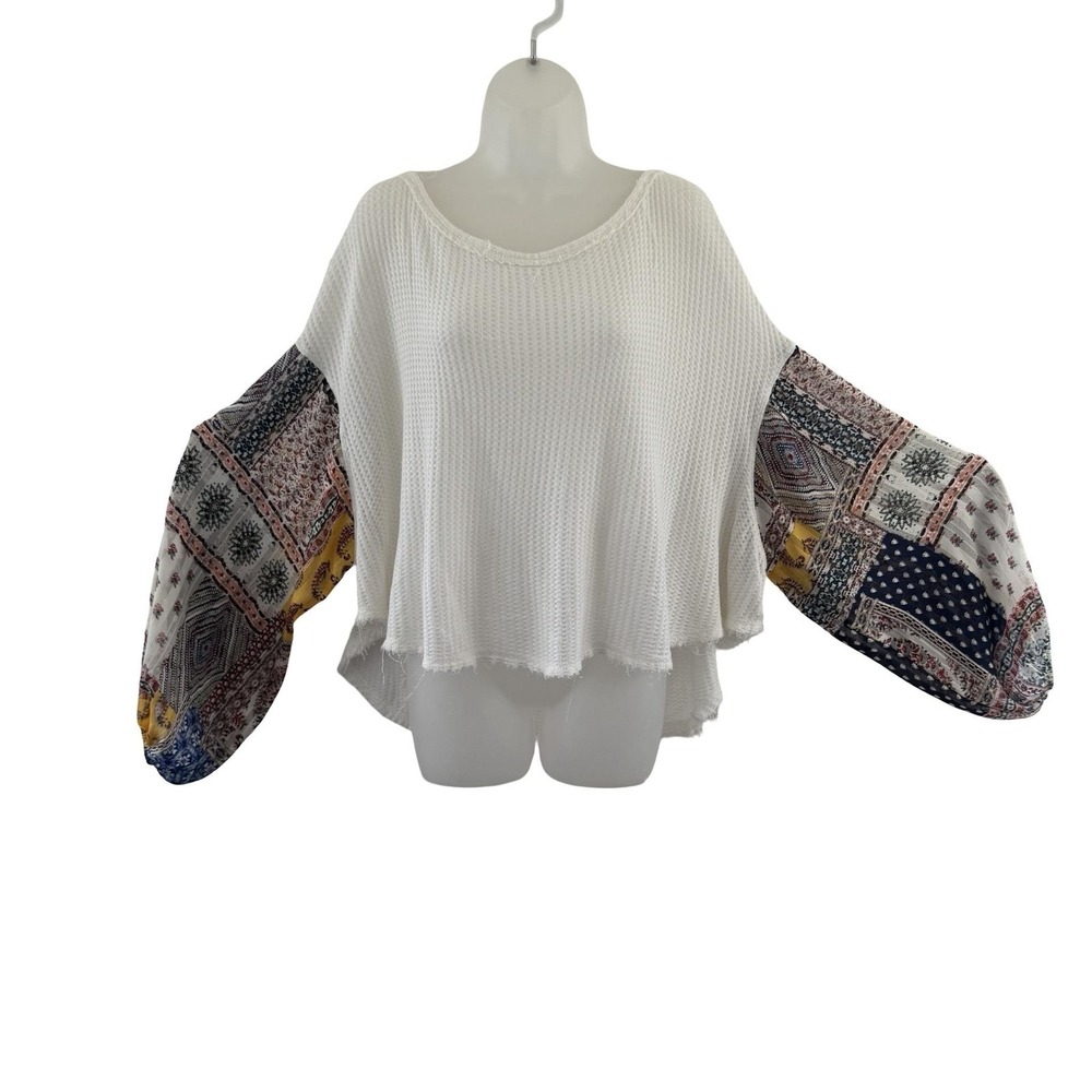 By Together Blouse Womens Small White Waffle Knit Boho Balloon Sleeve Top Raw - Picture 5 of 14